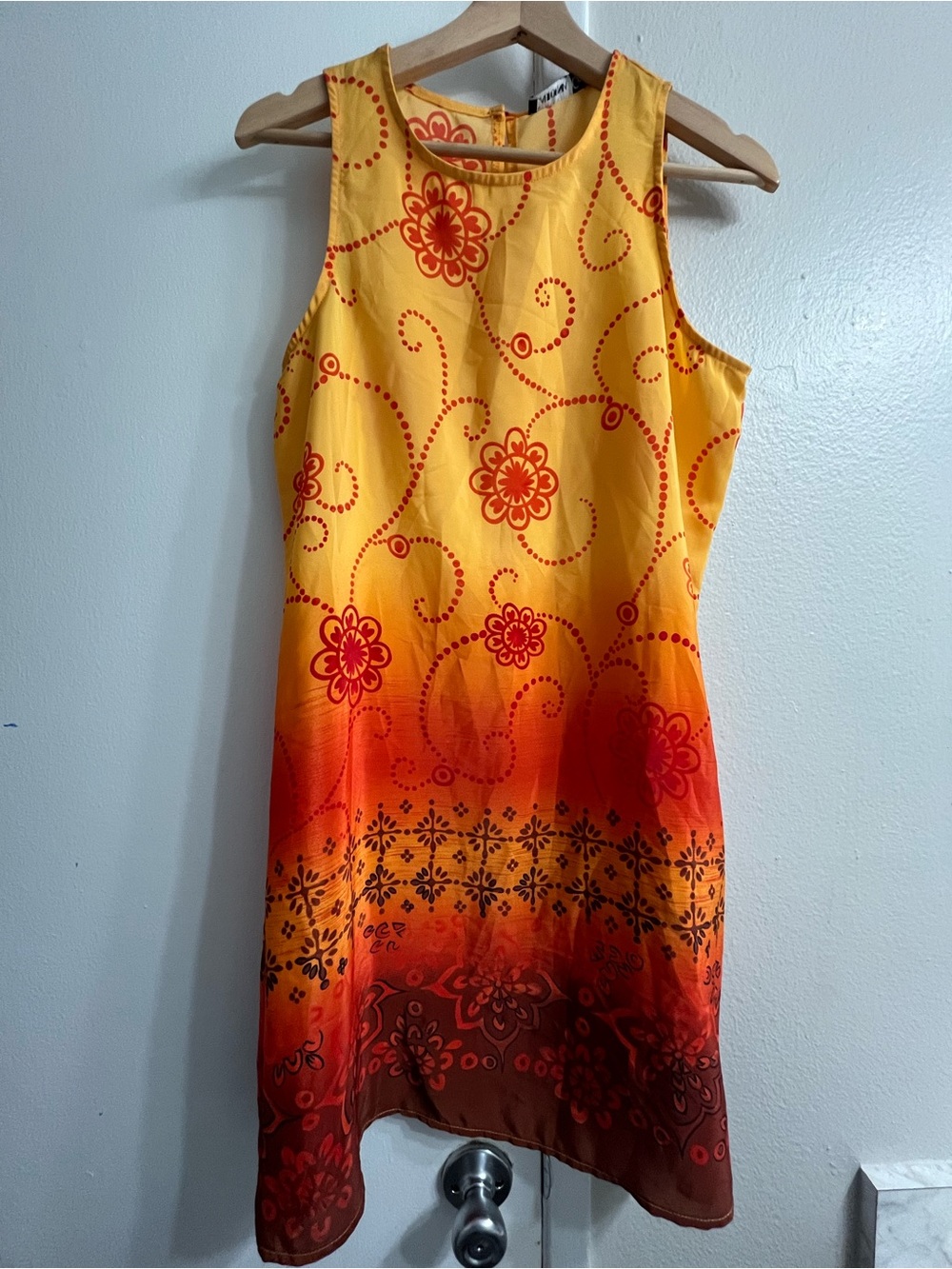 Sleeveless Yellow to Red Ombre Floral Shift Dress